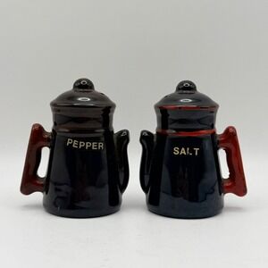 Vintage Ceramic Coffee Pot Salt and Pepper Shakers Brown Red Retro Kitchenware